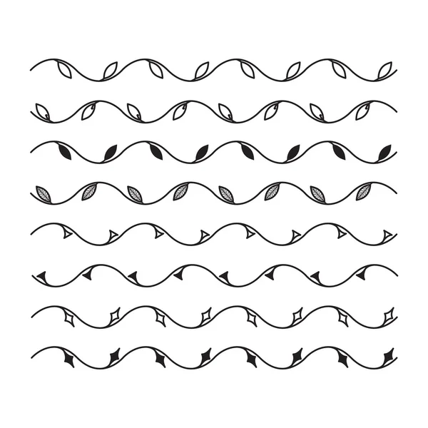 Línea ondulada con hojas para el diseño. Conjunto de bordes vectoriales y línea — Vector de stock