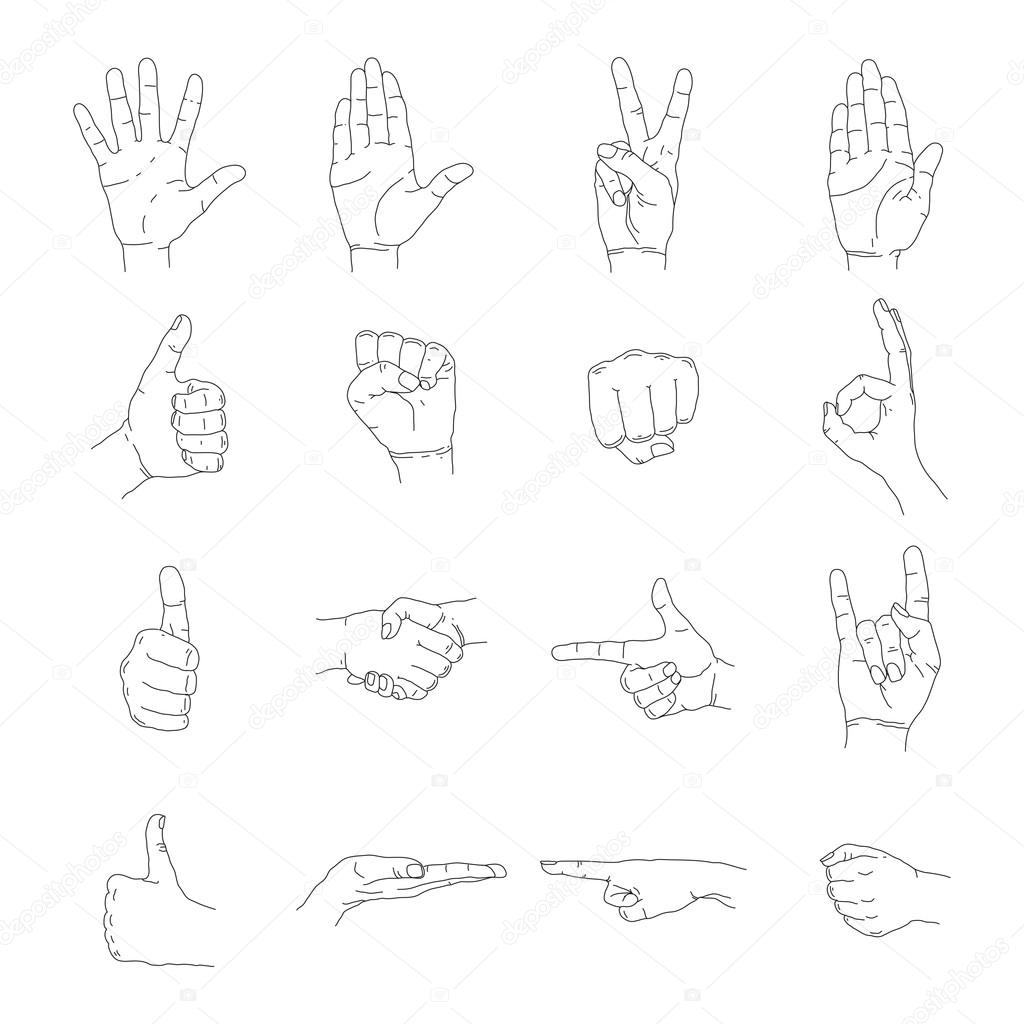 Hand icon, outline empty silhouette set, vector