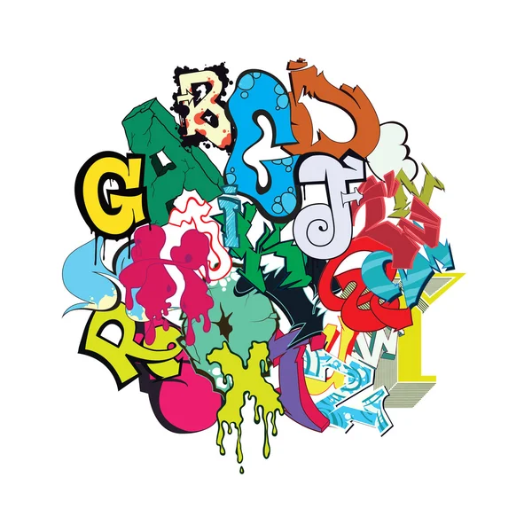 Pestré graffiti písmo abeceda písmena. Hip hop graffiti designem — Stockový vektor