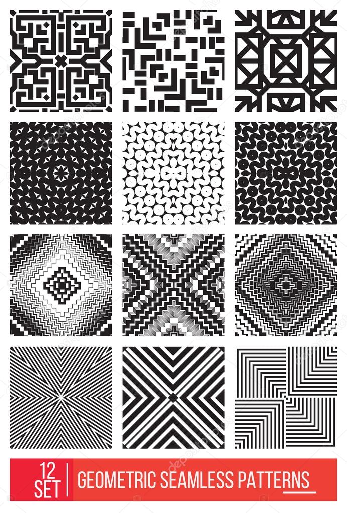 Set of Universal different geometric seamless patterns, monochro