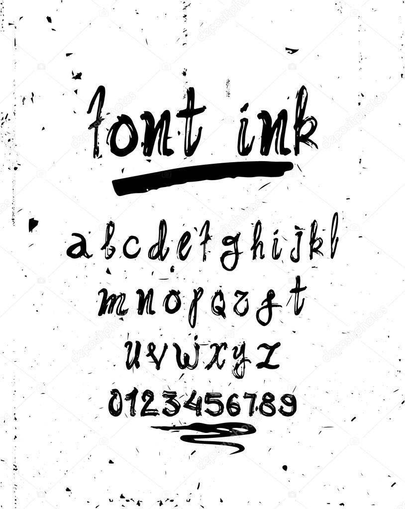 Simple universal font, letters and numbers. Imitation handmade lettering brush on grunge background