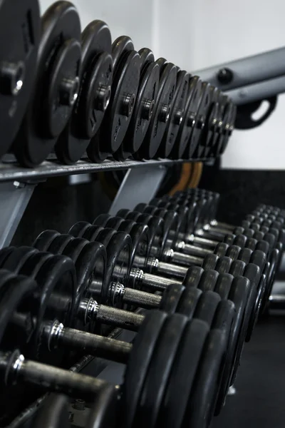 Iron dumbbells in gym — Stock Photo, Image