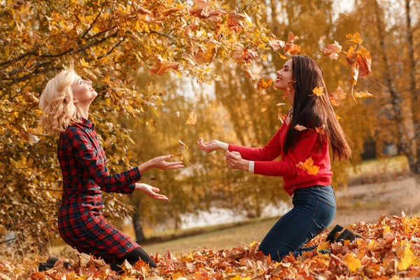 Donne bionde e brune in foglie d'autunno — Foto Stock