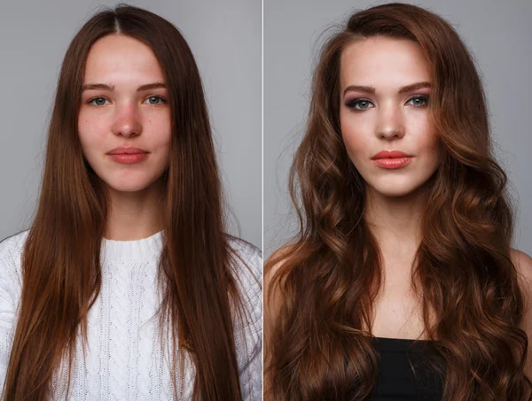 Resultaat vóór en na de vrouwelijke make-up. Stockfoto