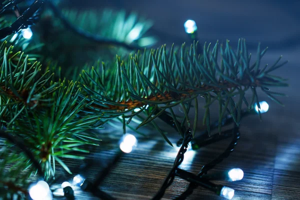 Vánoční osvětlení a větve smrku — Stock fotografie