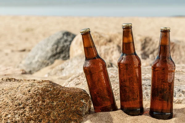 Koud biertje op het strand — Stockfoto