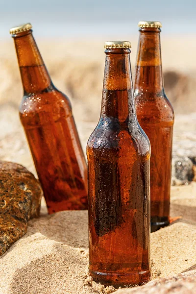 Koud biertje op het strand — Stockfoto