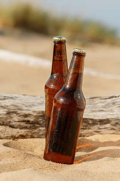 Koud biertje op het strand — Stockfoto