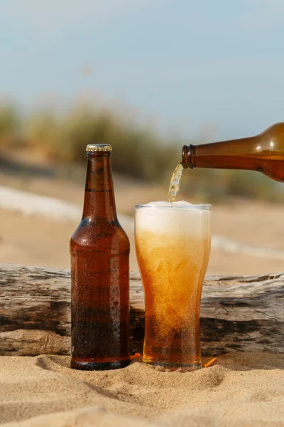 Koud biertje op het strand — Stockfoto