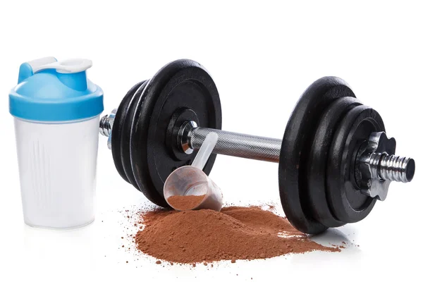 Dumbell e proteína em pó — Fotografia de Stock