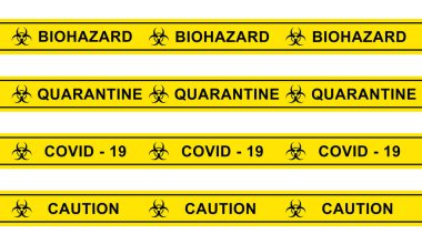 Sarı barikat bandı. Arka planda COVID-19 karantinası hakkında farklı uyarılar var.