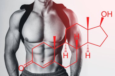 Muscular male torso and testosterone formula. Concept of hormone increasing methods. clipart