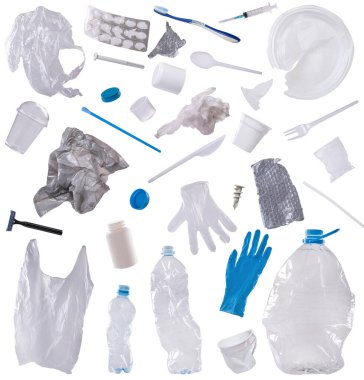 Beyaz arka planda izole edilmiş tek kullanımlık plastik çöp. Tasarım için elementler.