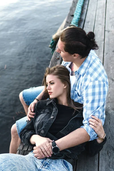 Portrait Young Sensual Loving Couple Sitting Pier River — Stock Photo, Image