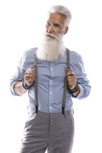 Stylish Handsome Bearded Senior Man White Background Stock Photo by  ©AY_PHOTO 374914220