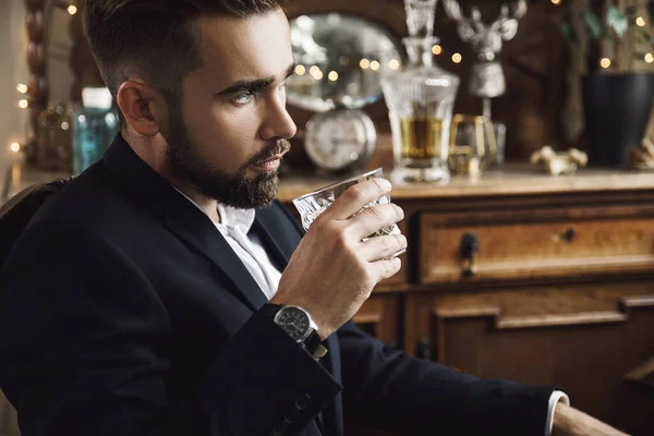 Portrait Handsome Bearded Man Glass Whiskey — Stock Photo, Image