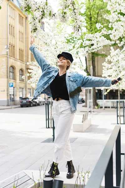 Portrait Stylish Woman Wearing Jeans Jacket Black Cap — Stock Photo, Image