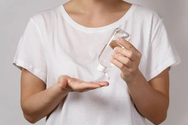 Hygiene Health Concept Woman Small Bottle Hand Sanitizer — Stock Photo, Image