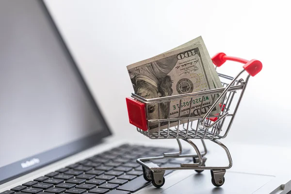Miniature Shopping Cart Dollar Bill Concept Online Shopping Commerce — Stock Photo, Image