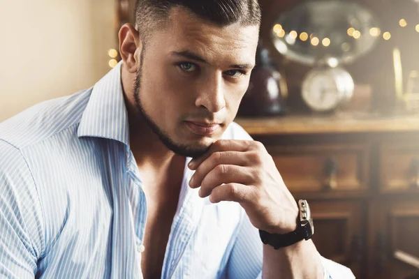 Portrait Handsome Young Man Wearing Blue Shirt — Stock Photo, Image