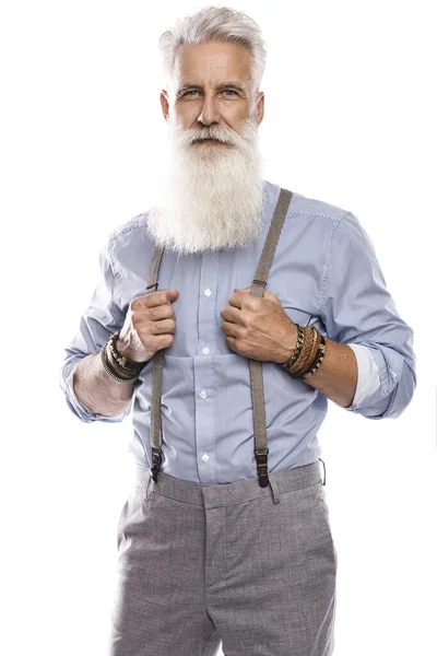 Stylish Handsome Aged Male Model Posing White Background — Stock Photo, Image