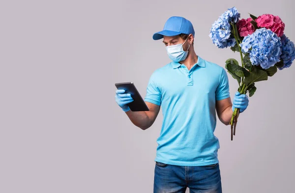 Young Delivery Man Bouquet Flowers Wearing Prevention Mask Gloves Isolated — Stock Photo, Image