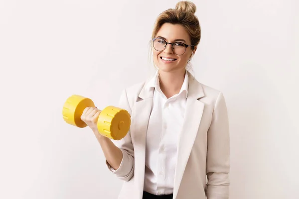 Happy Successful Business Woman Lifting Heavy Dumbbell Concept Career Progress — Stock Photo, Image