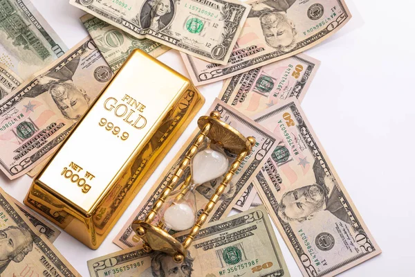 Expensive Gold Bar Dollar Bills Hourglass — Stock Photo, Image