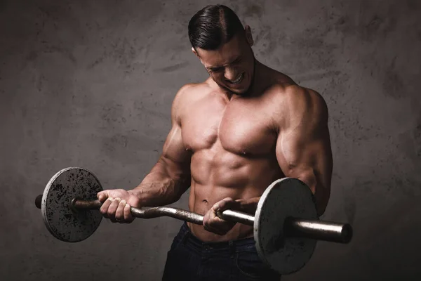Massive Brutal Bodybuilder Doing Exercises Biceps Barbell — Stock Photo, Image
