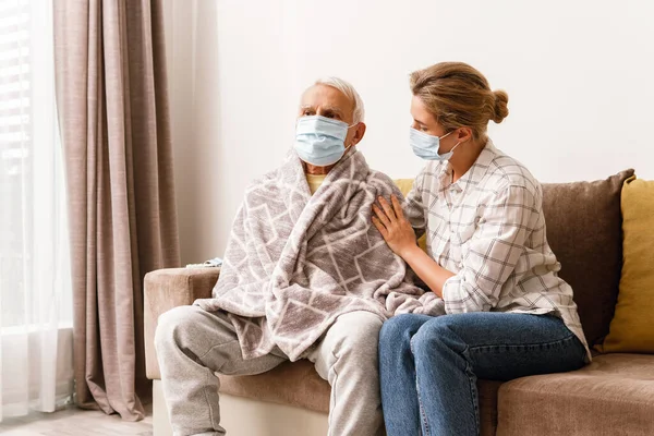 Young Woman Taking Care Her Elderly Grandfather Cold Syptoms Home — Stock Photo, Image