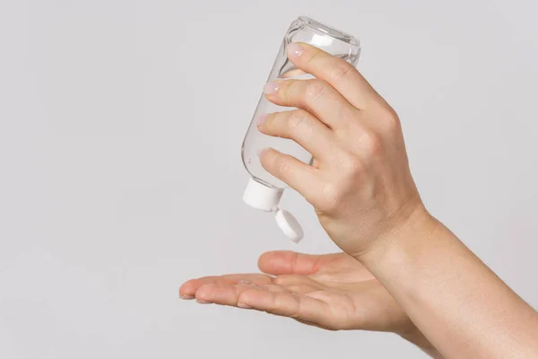 Concept Hygiène Santé Femme Avec Une Petite Bouteille Désinfectant Pour — Photo