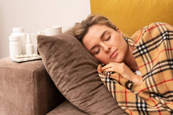 Sick Woman Sleeping Blanket Home — Stock Photo, Image