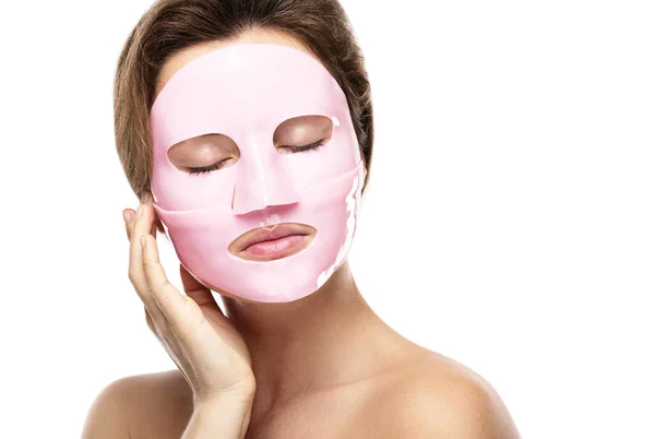 Joven Hermosa Mujer Con Máscara Facial Goma Cara Sobre Fondo — Foto de Stock