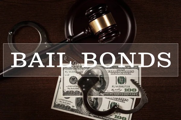 Bail Bonds Services Concept Judge Gavel Handcuffs Money Wooden Background — Stock Photo, Image