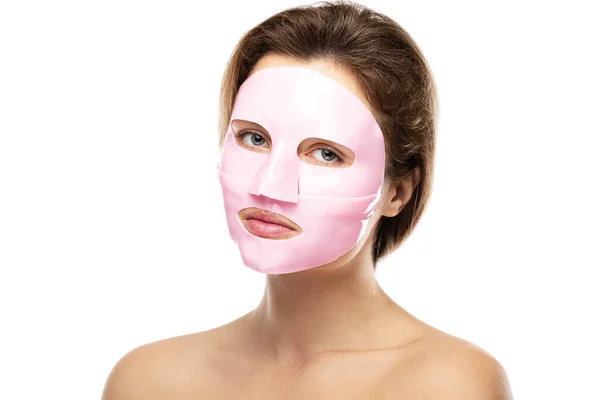 Mladá Krásná Žena Gumovou Obličejovou Maskou Tváři Přes Bílé Pozadí — Stock fotografie