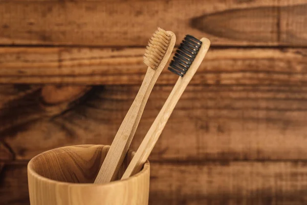 Eco Friendly Bamboo Toothbrushes Wooden Surface — Stock Photo, Image