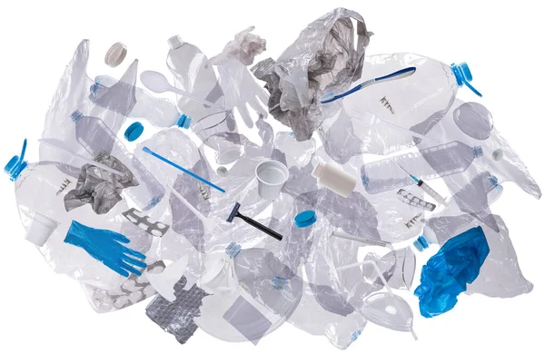 Pilha Resíduos Plásticos Usados Isolada Sobre Fundo Branco — Fotografia de Stock