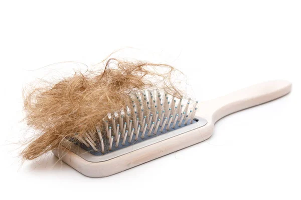 Wooden Paddle Hairbrush Clump Hair White Background — Stock Photo, Image