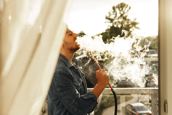 Handsome Young Man Smoking Hookah Balcony — Stock Photo, Image