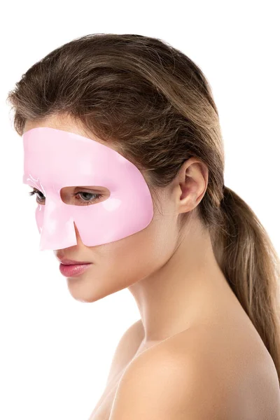 Junge Schöne Frau Mit Gummi Gesichtsmaske Auf Ihrem Gesicht Vor — Stockfoto