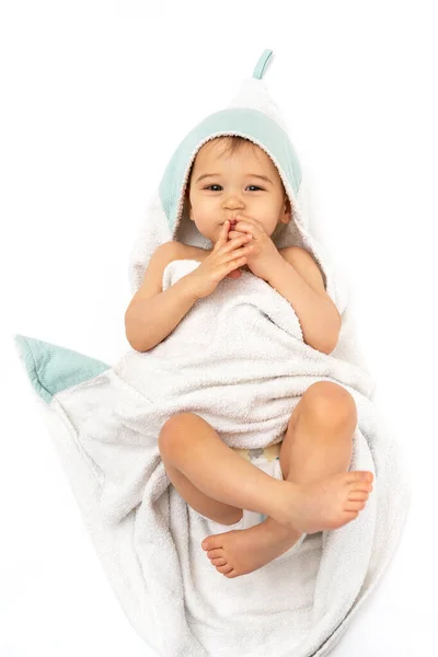 Baby Hygiene Care Cute Infant Boy Wrapped Hooded Towel Bathing — Stock Photo, Image