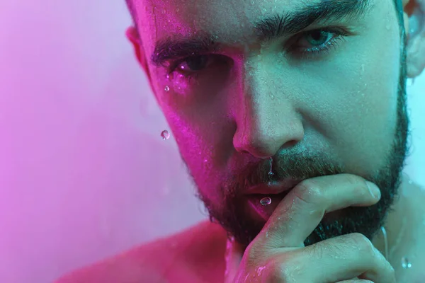 Portrait Handsome Young Man Wet Skin Neon Light — Stock Photo, Image