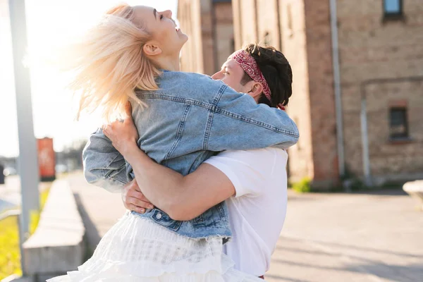 Reunion Teen Couple Stylish Teenagers Embrace City Street Date — Stock Photo, Image