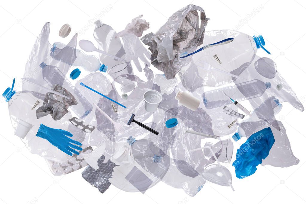 Pile of used plastic waste isolated on white background