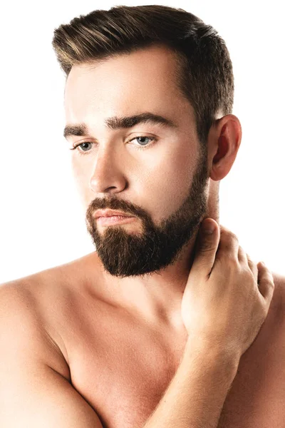 Портрет Красивого Бородатого Чоловіка Гладкою Шкірою Білому Тлі — стокове фото