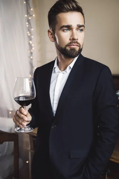 Portrait Handsome Bearded Man Glass Red Wine — Stock Photo, Image