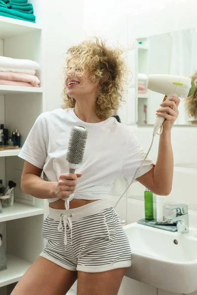 Young Happy Woman Using Hairdryer Shower Bathroom — Stock Photo, Image