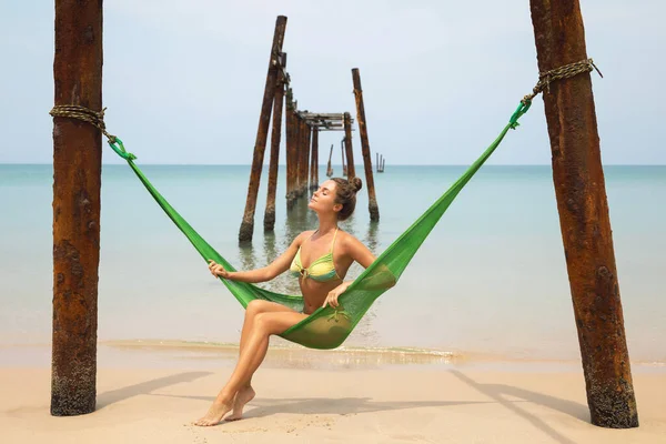 Young Woman Relaxing Hammock Hanging Old Beams Broken Pier — Stock Photo, Image