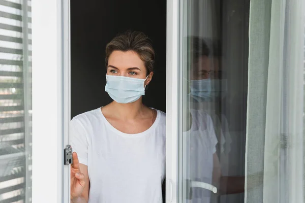 Young Woman Wearing Prevention Mask Looking Window — Stock Photo, Image