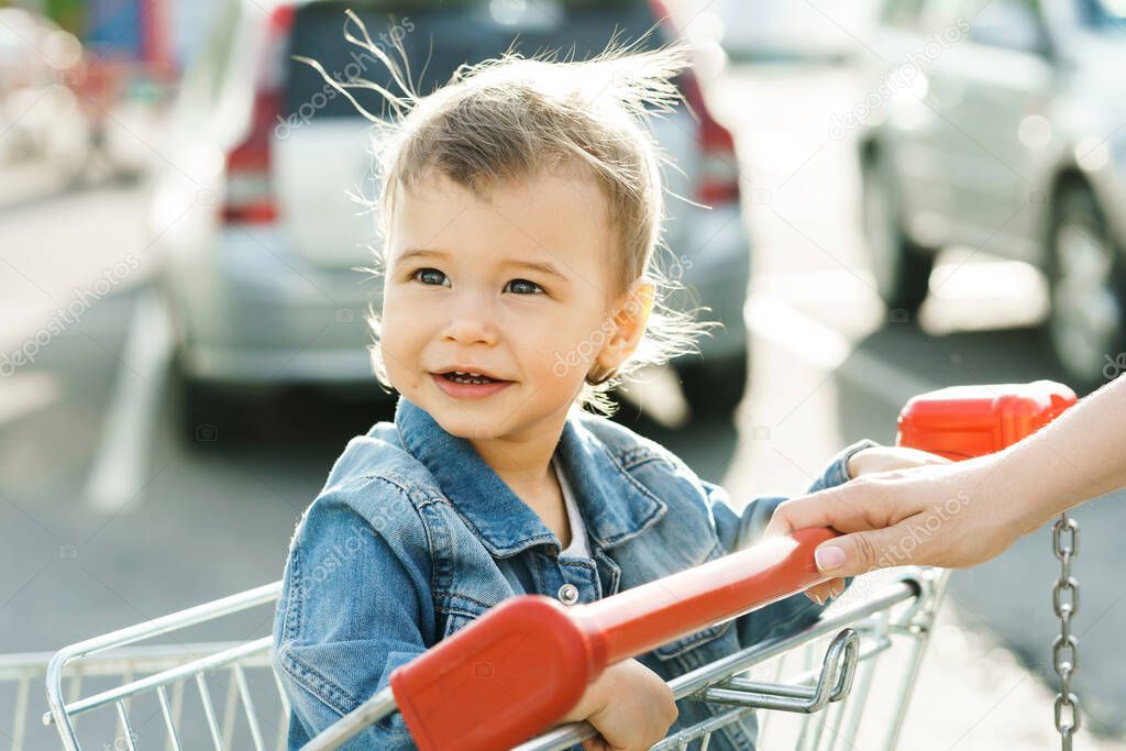 Cute little boy is sitting in a shopping cart in supermarket parking